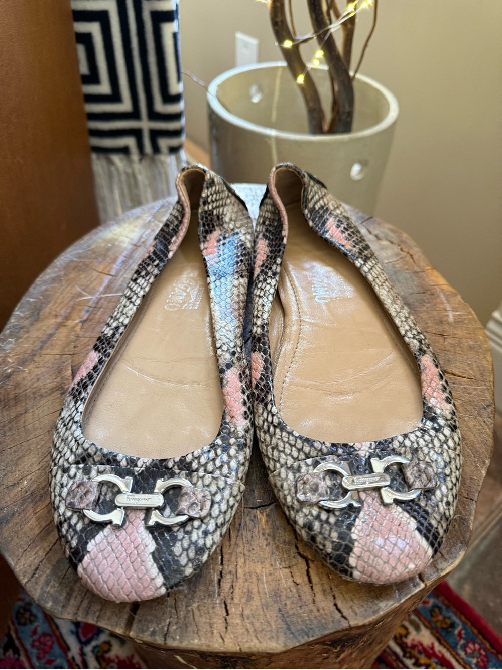 💗Salvatore Ferragamo Pink & Tan Snakeskin Horsebit Flats Driving Shoe, size 8.5💗